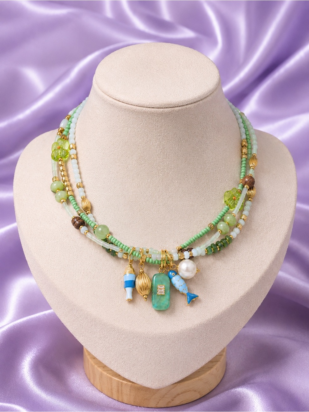 Seafoam Treasure Mint Beaded Charm Necklace - Picture 7 of 16